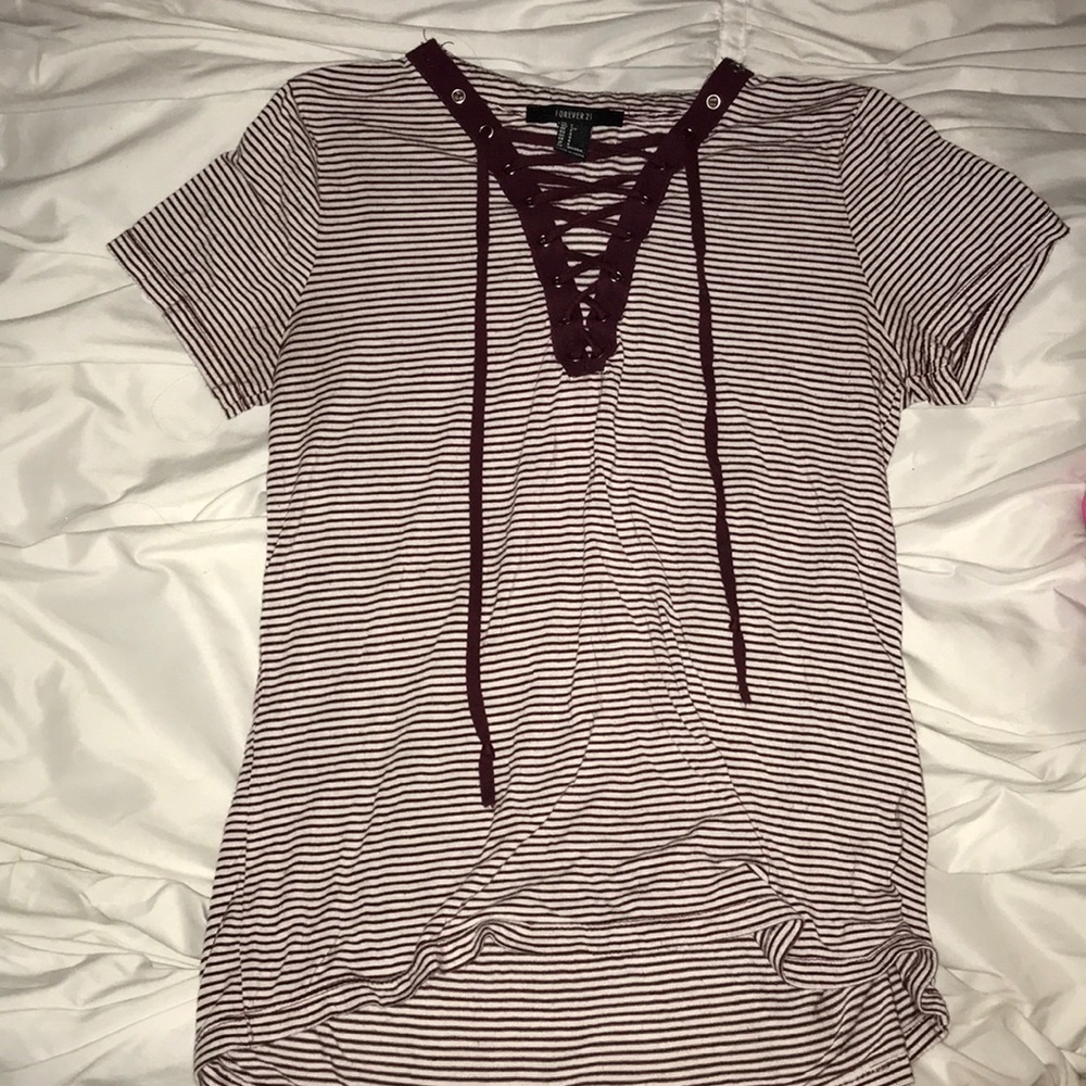 Maroon striped lace up t-shirt